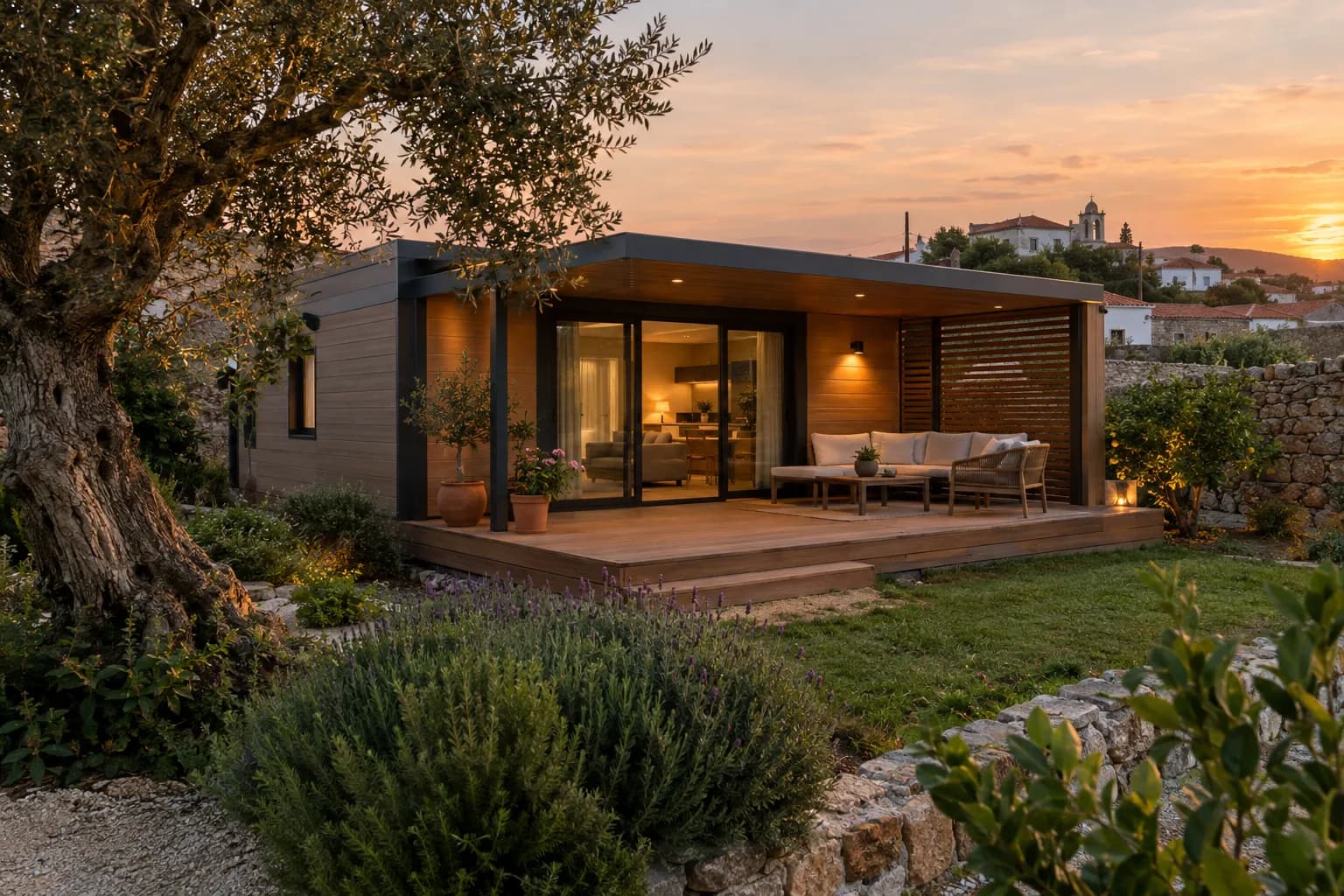 Casa modular térrea acabada, com terraço de madeira num jardim