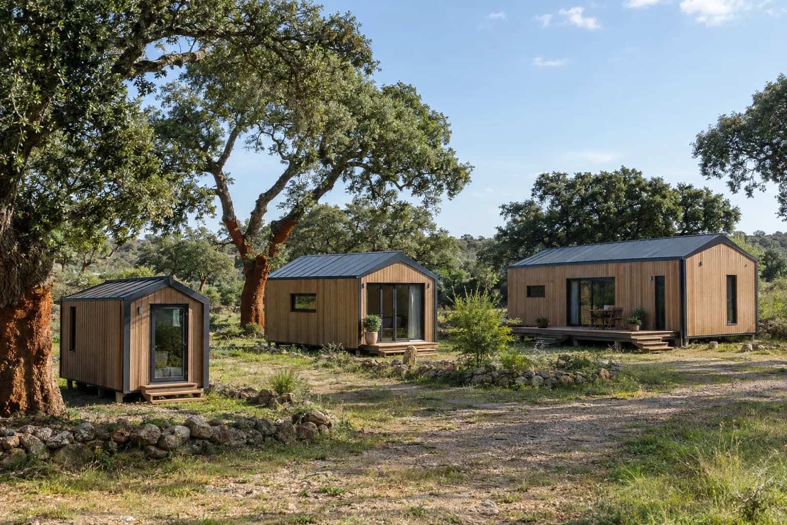 Três casas pré-fabricadas de tamanhos diferentes num terreno rural