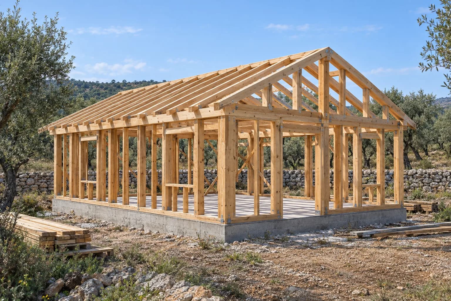 Estrutura de madeira de uma casa térrea em construção num terreno rural, com oliveiras ao fundo