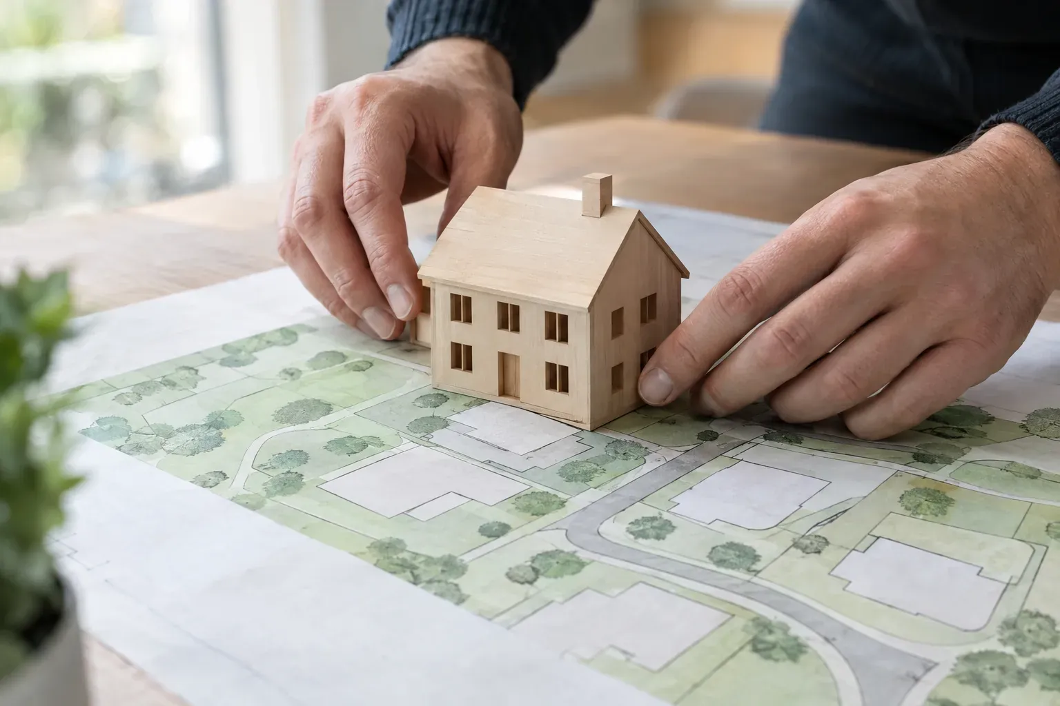 Duas mãos a pousar uma pequena maqueta de casa sobre uma planta
