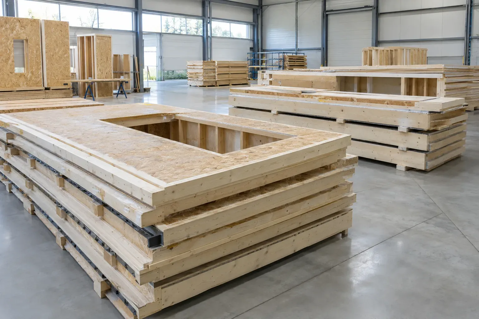 Chão de fábrica com painéis de madeira pré-fabricados empilhados