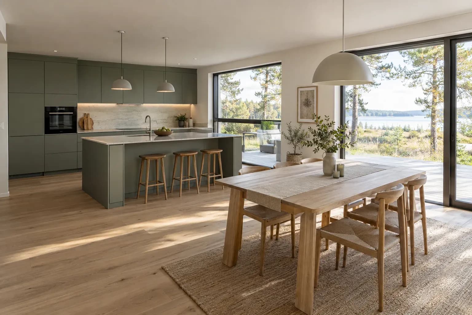 Interior de uma casa modular com pavimento de carvalho claro, cozinha e janelas grandes