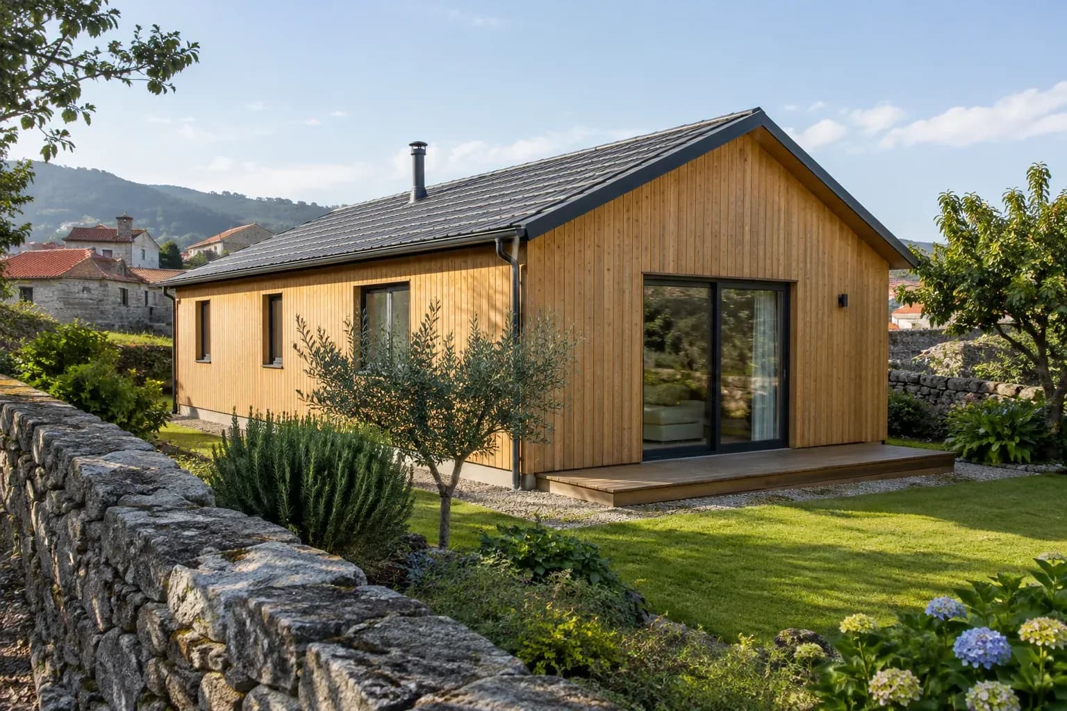 Imagem de exemplo: casa de madeira pré-fabricada de um piso, com telhado de duas águas, num jardim de aldeia