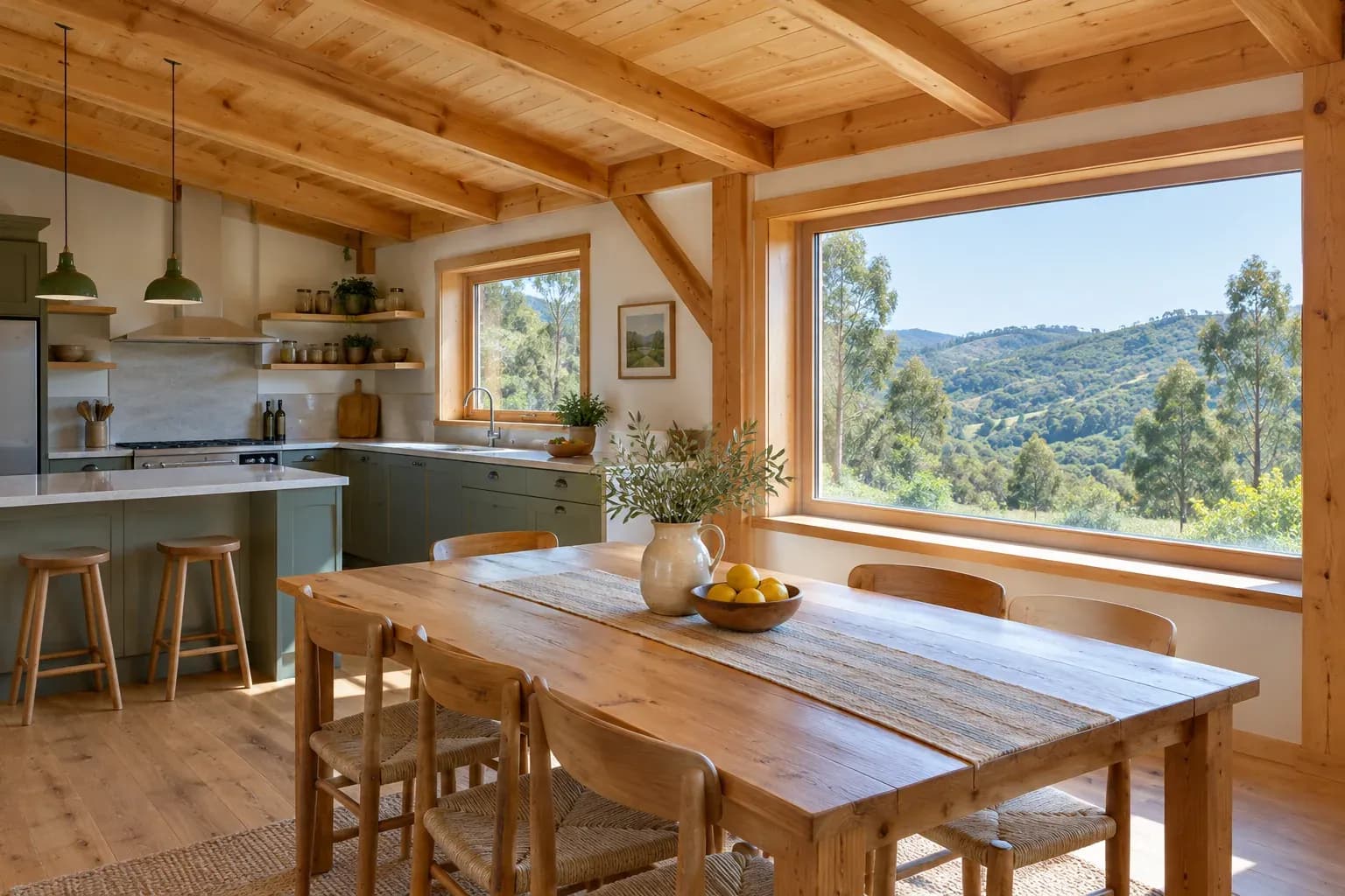 Imagem de exemplo: interior de uma casa de madeira com vigas no teto, mesa de madeira e janela para colinas com eucaliptos