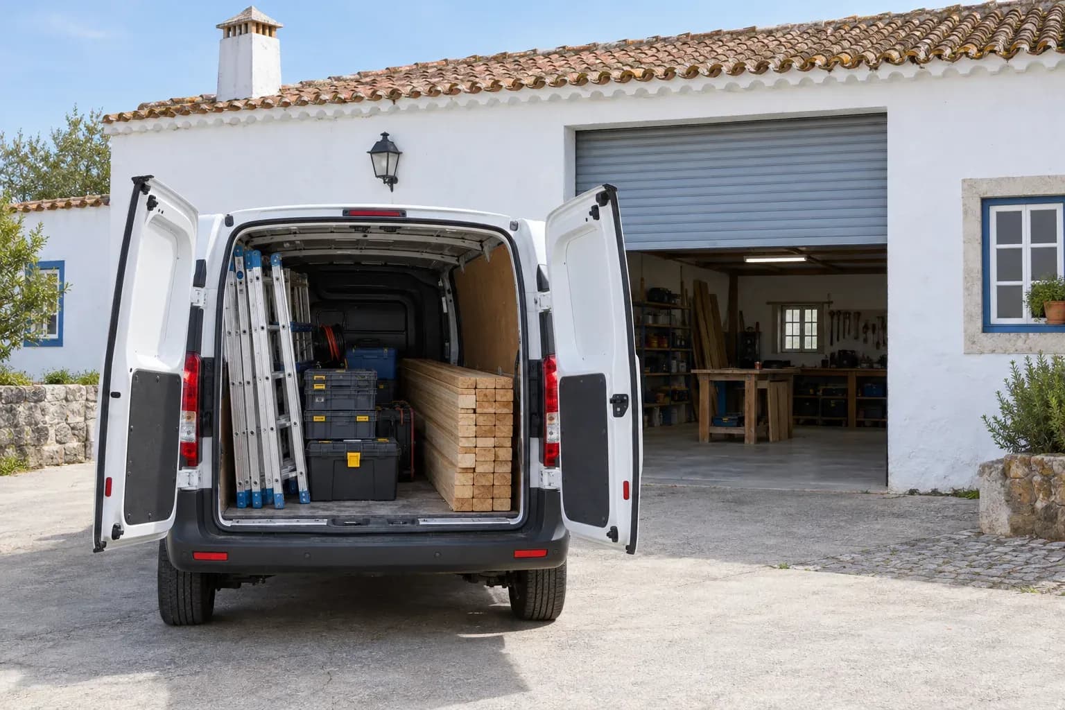 Carrinha de trabalho com a porta traseira aberta, carregada com escadas, caixas de ferramentas e tábuas de madeira, em frente a uma oficina