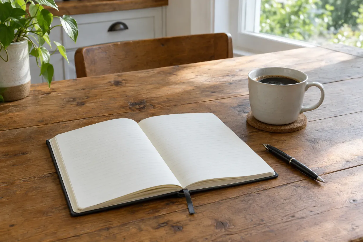 Caderno aberto, caneta e uma chávena de café numa mesa de madeira