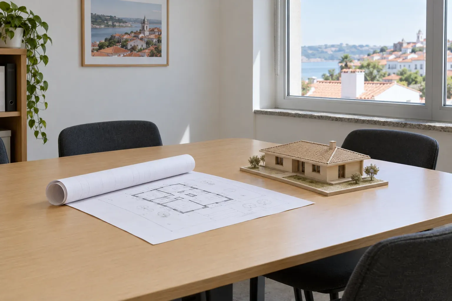 Mesa de reuniões num escritório, com uma planta de casa enrolada e uma maqueta de madeira de uma casa térrea
