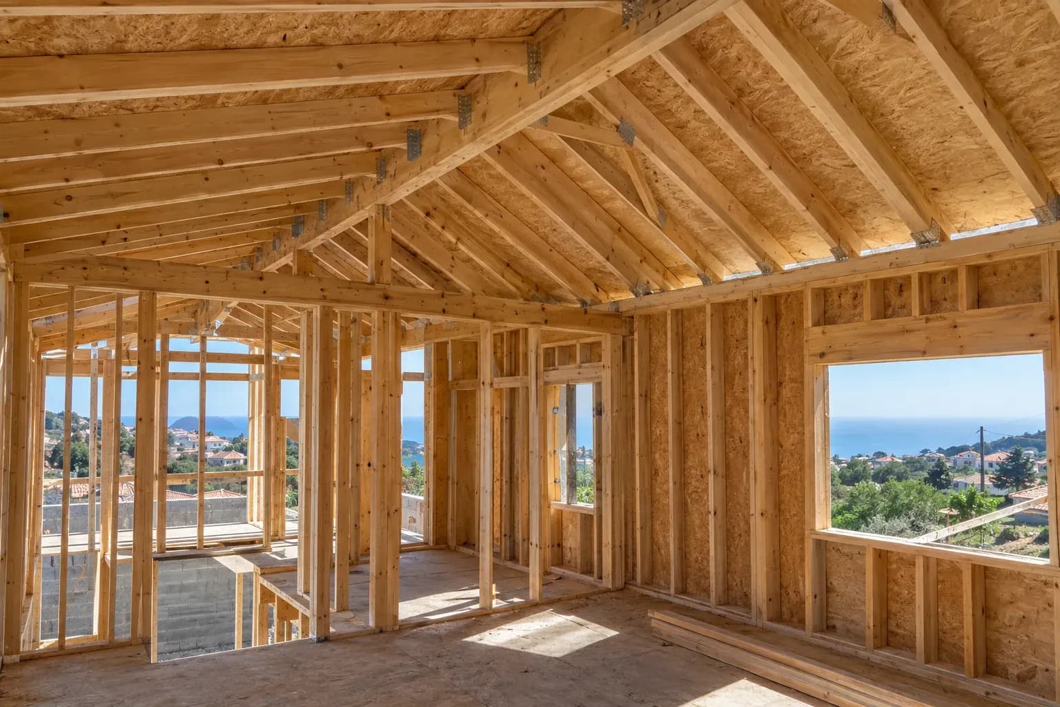 Estrutura de madeira de uma casa em obra, com montantes e vigas à vista